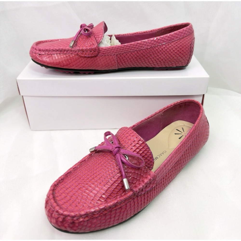 Isaac Mizrahi Alison Women 7M Pink Snakeskin Embossed Leather Driver Loafers EUC